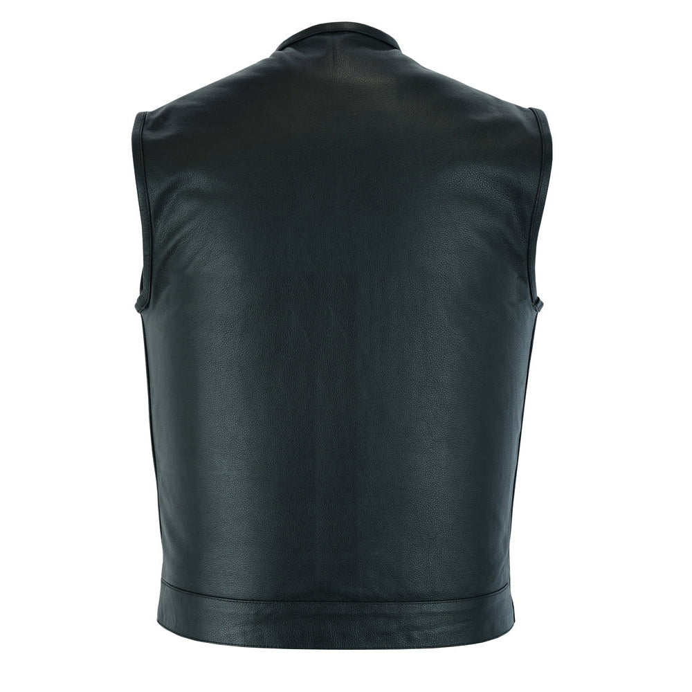 ADA9193 Nomad Motorcycle Leather Vest - Snap Closure, No Collar & Hidden Zipper