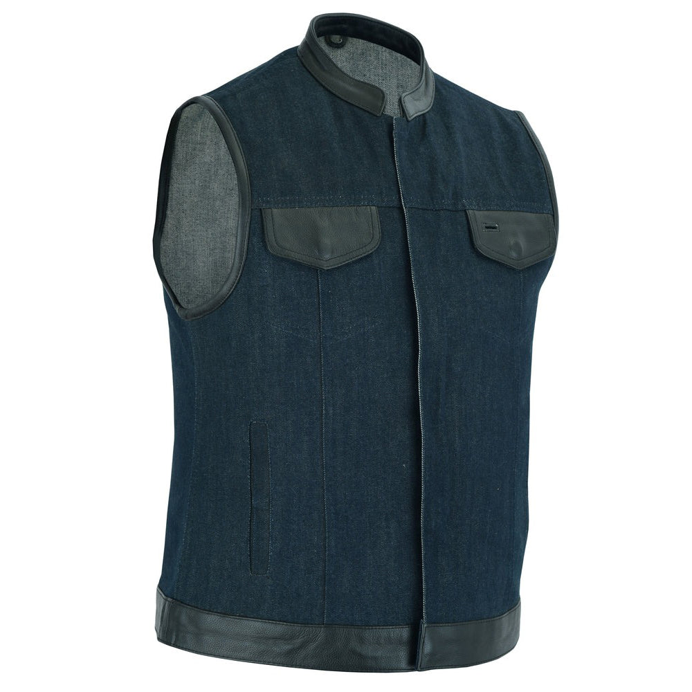 ADA964 Women's Broken Blue Rough Rub-Off Raw Finish Denim Vest W/Leather Trim