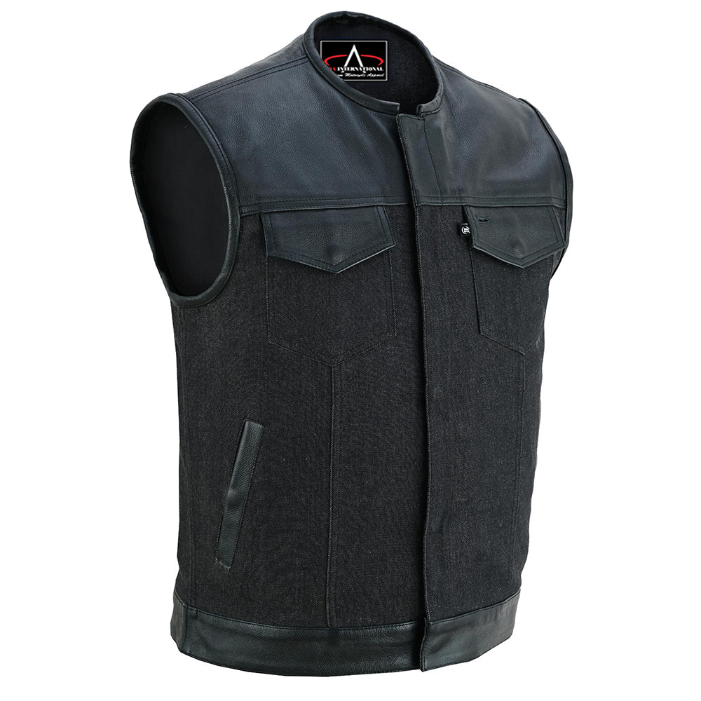 ADA901 Men's Leather/Denim Combo Vest Without Collar
