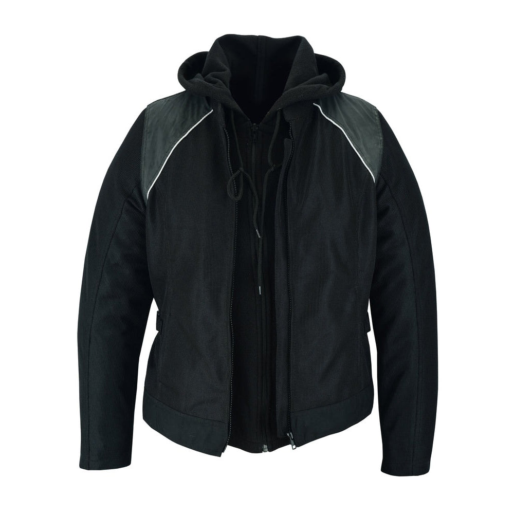 ADA867 Women's Mesh Motorcycle Black/ Black Tone Reflective Jacket 3-in-1 with Hoodie