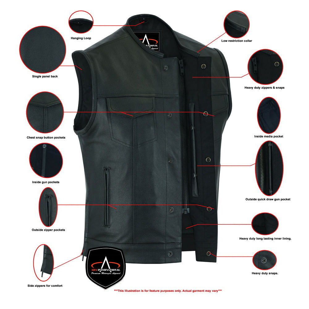ADA177 Men's Upgraded Style Leather Biker Vest Smart Access Pockets