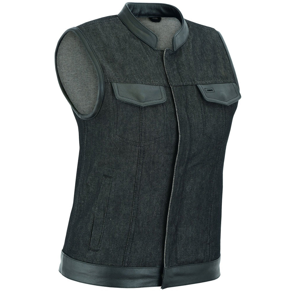 ADA963 Women's Rough Rub-Off Raw Finish Denim Vest W/Leather Trim