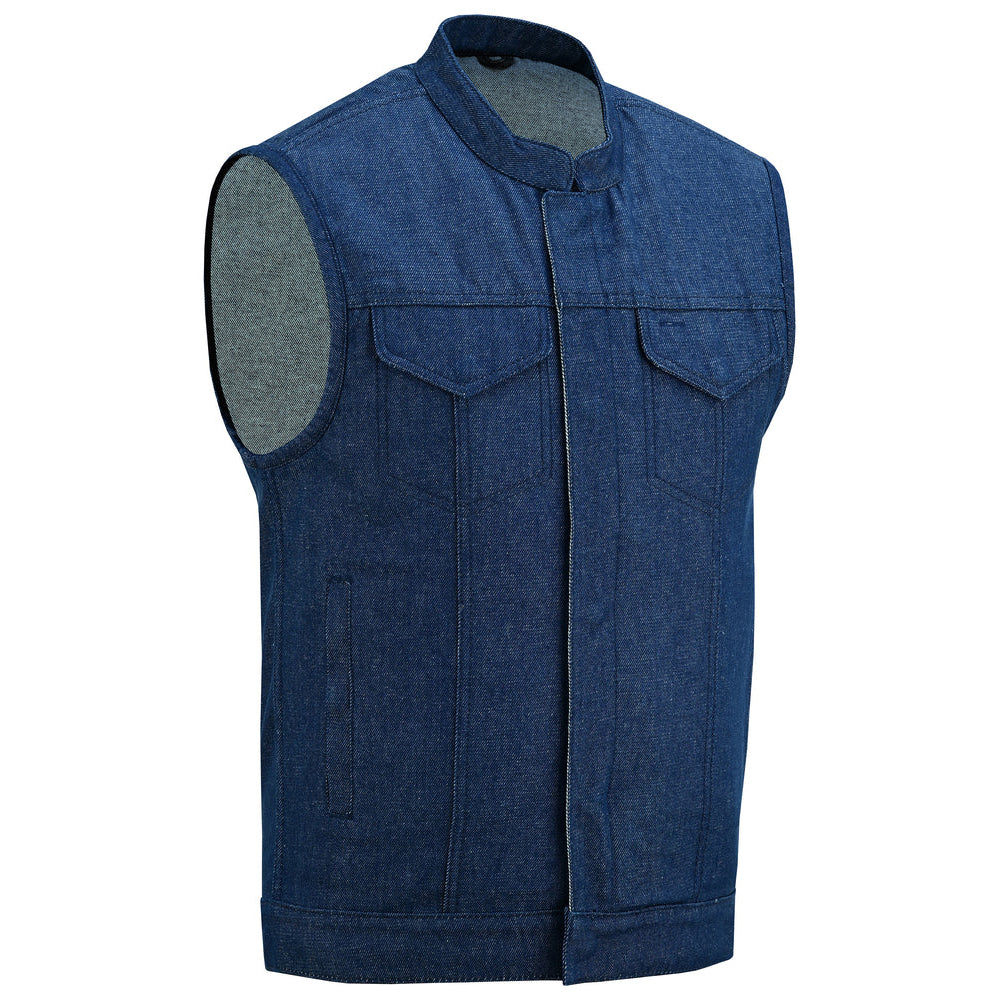 ADA976 Men's Blue Rough Rub-Off Raw Finish Denim Vest