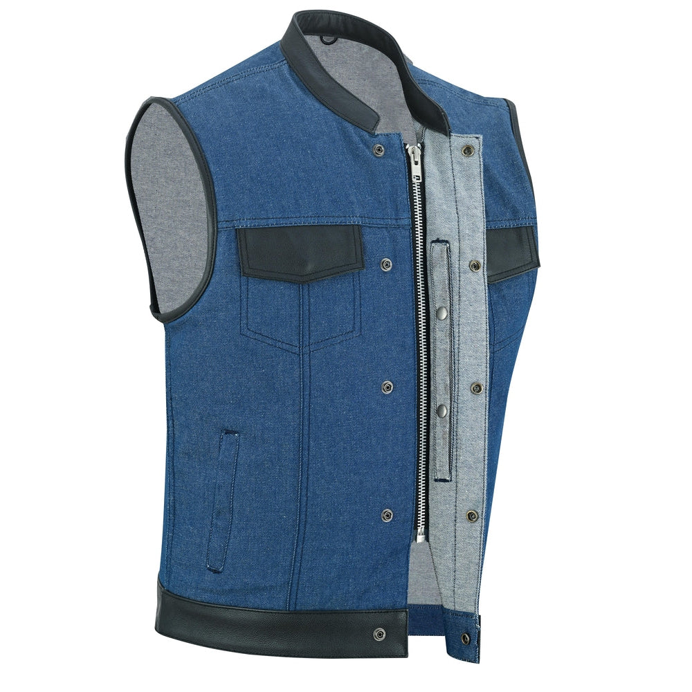 ADA961 Men's Broken Blue Rough Rub-Off Raw Finish Denim Vest W/Leather
