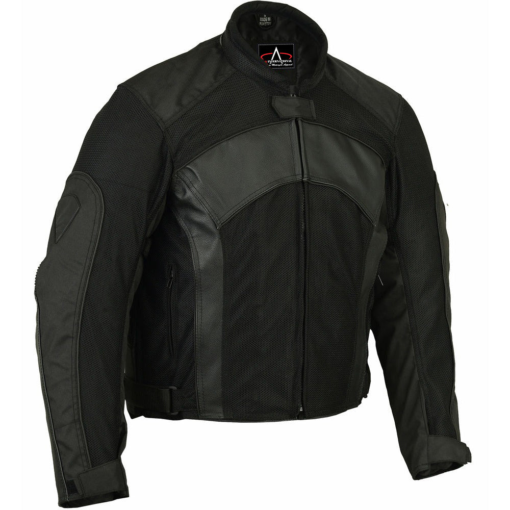 ADA750BK Men's Black Mesh & Leather Motorcycle Jacket with Removable Padding