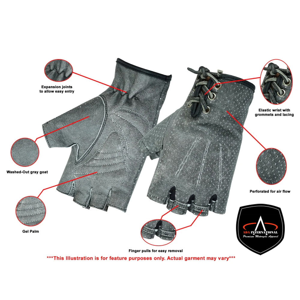 ADA74 Women's Washed-Out Gray Leather Perforated Fingerless Gloves