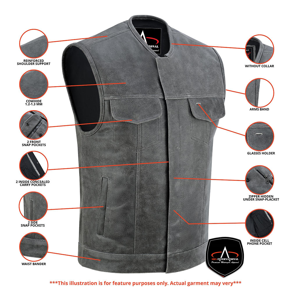 ADA191V Men’s Gray Premium Leather Concealed Motorcycle Vest