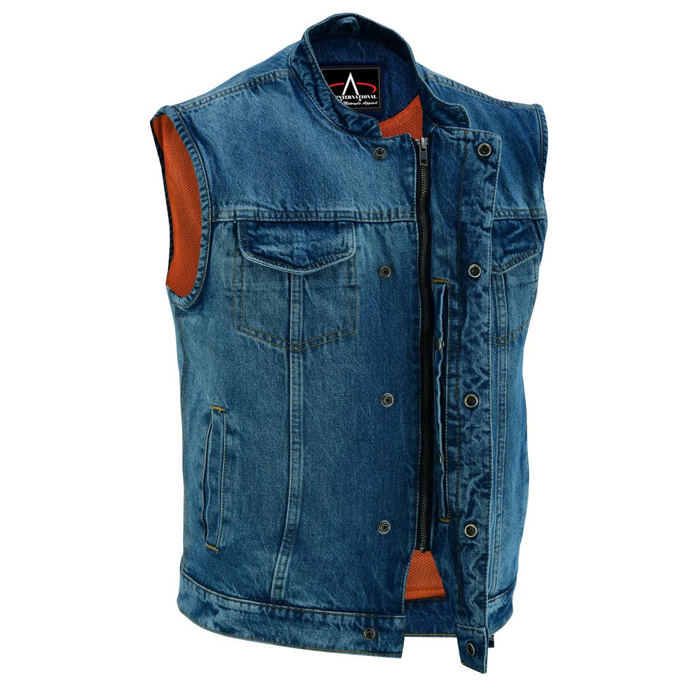 ADA989BU Concealed Snap Closure, Denim Material, Scoop Collar & Hidden