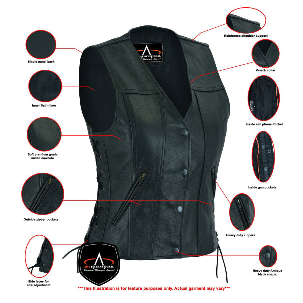 ADA205 Women's Single Back Panel Leather Vest with Smart Access Pocket