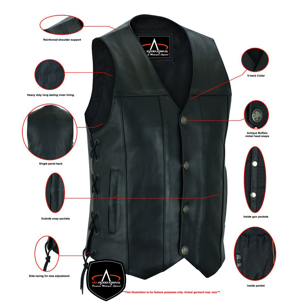 ADA142 Titan Motorcycle Leather Vest - Single Back Panel with Buffalo Nickel Head Snaps and Smart Access Pockets