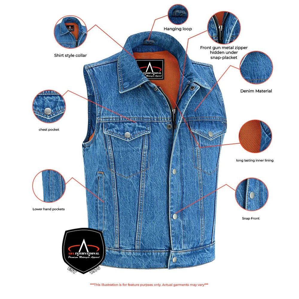 ADA979BU Snap/Zipper Front Denim Vest- Blue