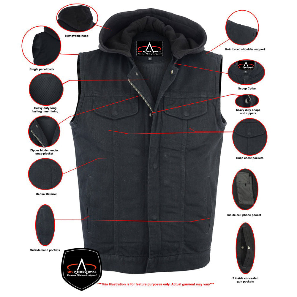 ADA982 Men's Black Denim Single Back Panel Concealment Vest w/Rem