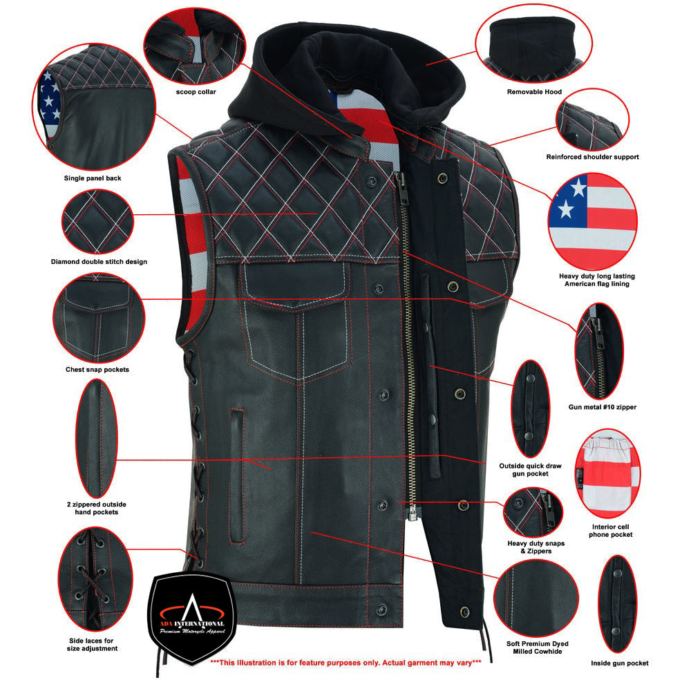 ADA194 Road Edge Black Leather Vest with Smart Pockets & Removable Hood