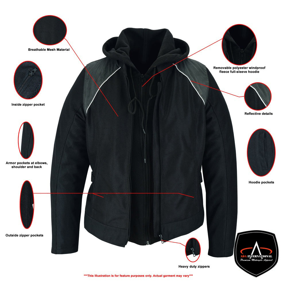 ADA867 Women's Mesh Motorcycle Black/ Black Tone Reflective Jacket 3-in-1 with Hoodie