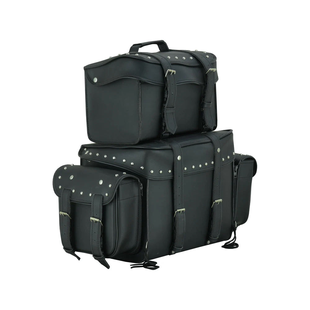 ADA350S Leather Black PVC Large 4 Piece Motorcycle Touring Tail Bag wi