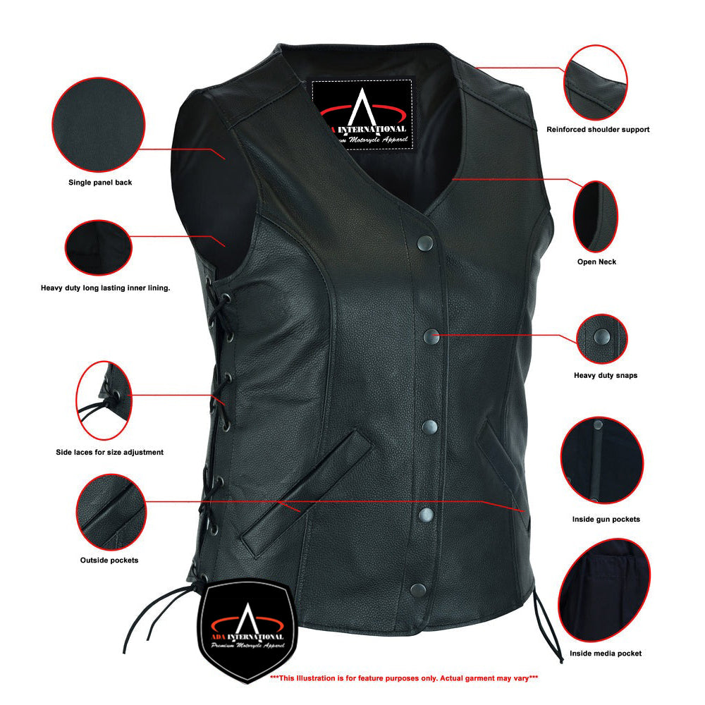 ADA206 Women's Stylish Longer Body 3/4 Leather Vest - Side Laces