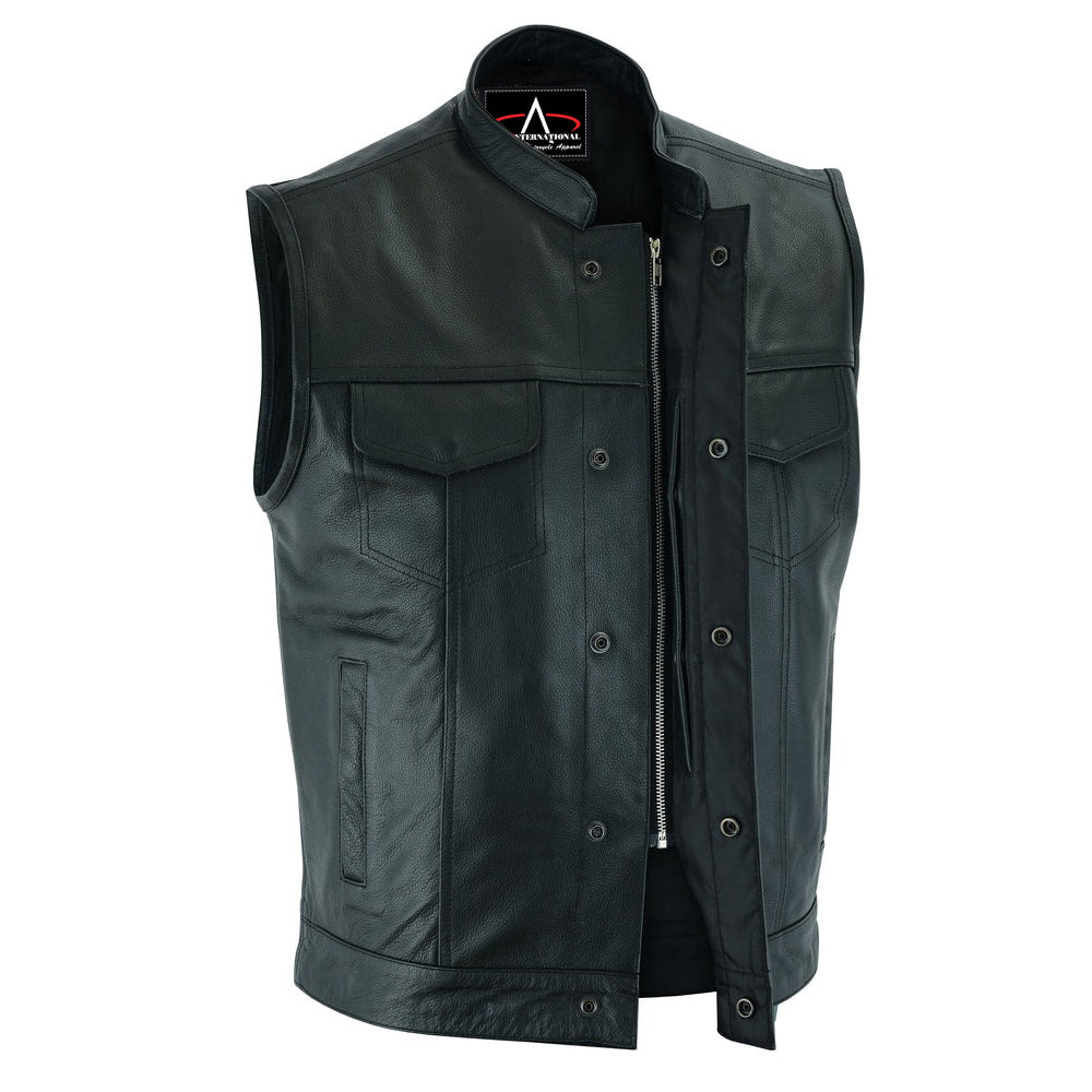ADA9192 Urban Edge Motorcycle Leather Vest - Snap Closure, Scoop Collar & Hidden Zipper