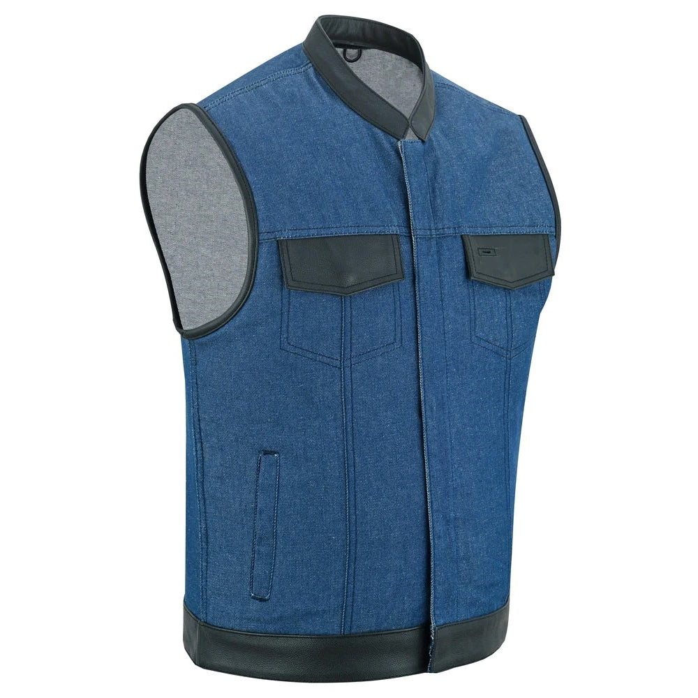 ADA961 Men's Broken Blue Rough Rub-Off Raw Finish Denim Vest W/Leather