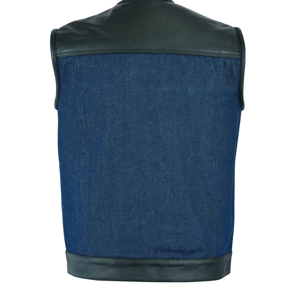 ADA933 Men's Leather/Denim Combo Vest (Black/Broken Blue)