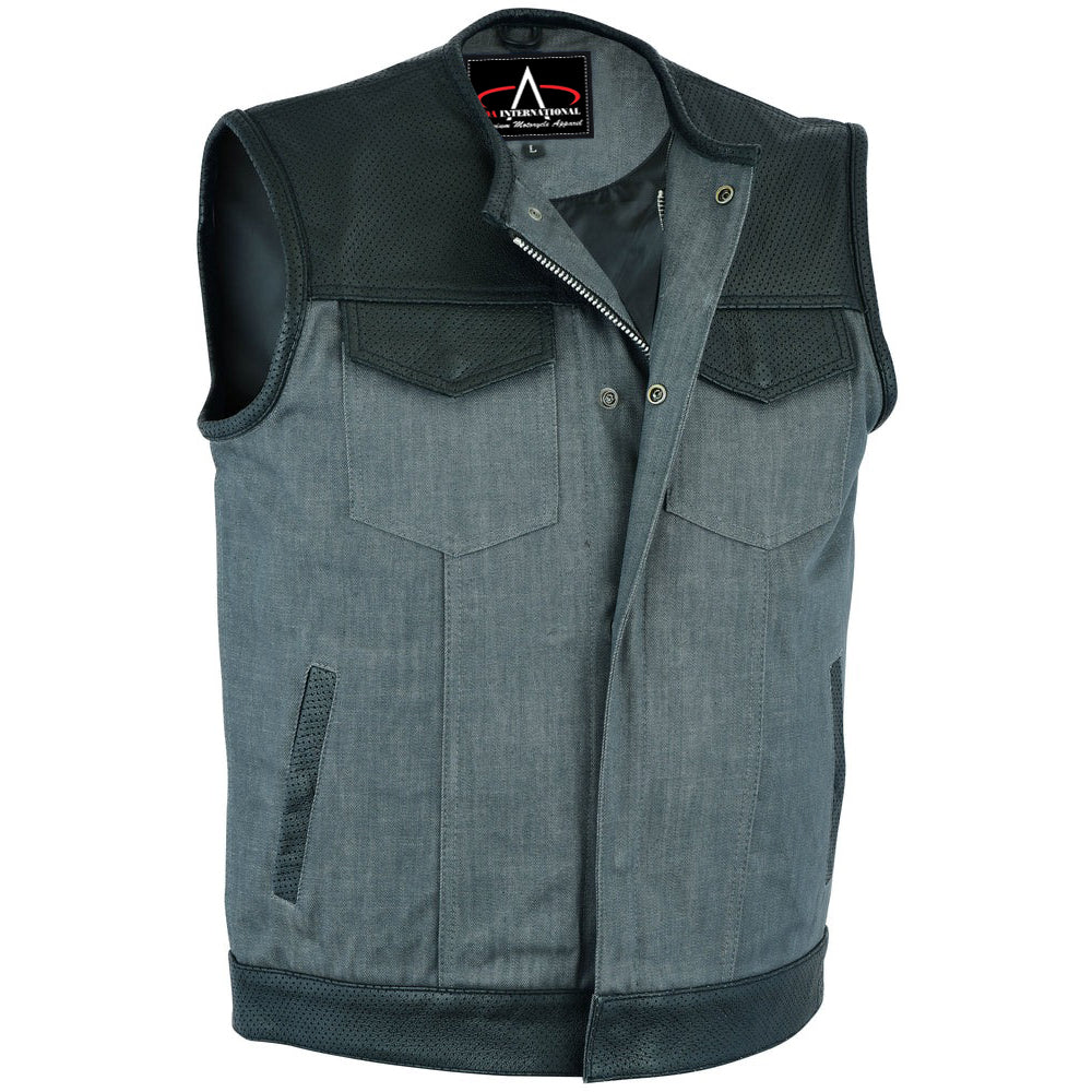 ADA934 Men's Perforated Leather/Denim Combo Vest (Black/ Ash Gray)