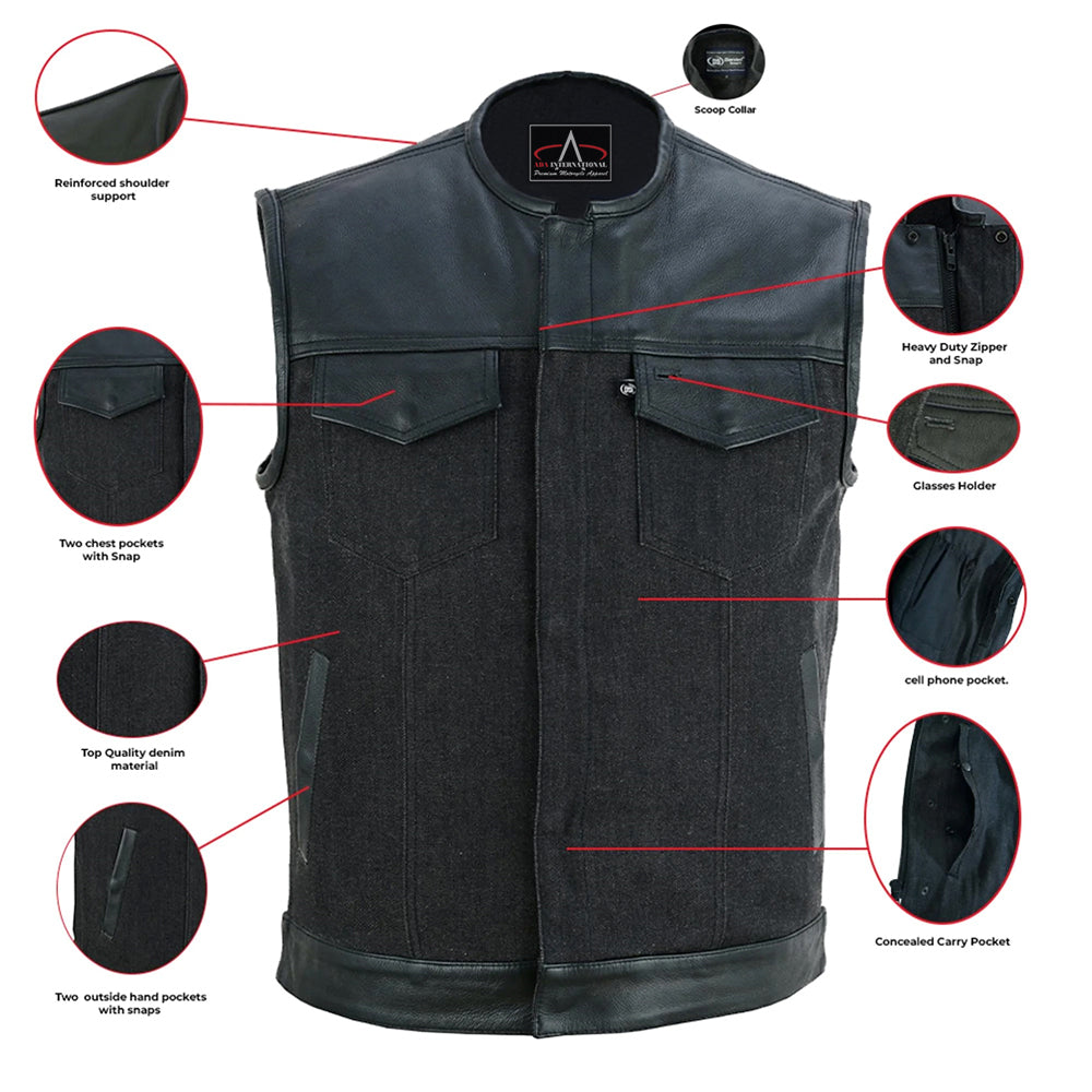 ADA901 Men's Leather/Denim Combo Vest Without Collar