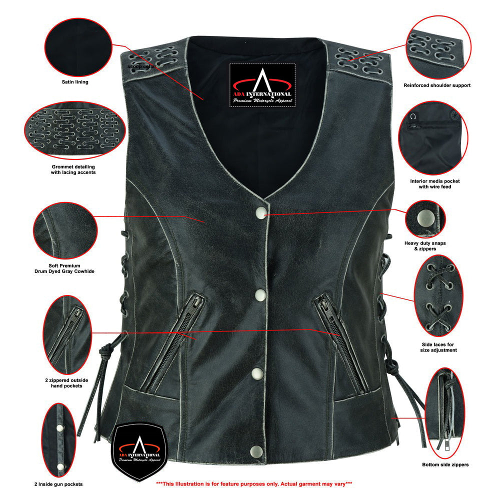 ADA285V Women's Gray Vest with Grommet and Lacing Accents