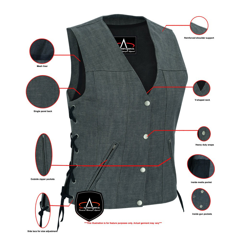 ADA919 Women's Rough Rub-Off Raw Finish Broken Gray Denim Vest