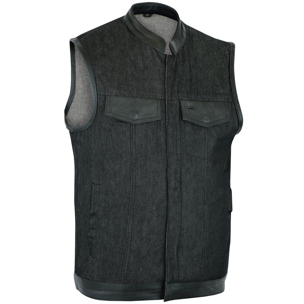 ADA962 Men's Rough Rub-Off Raw Finish Denim Vest W/Leather Trim - Scoop Collar