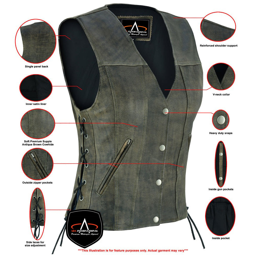 ADA207 Women's Antique Brown Single Back Panel Vest with Smart Access Pocket