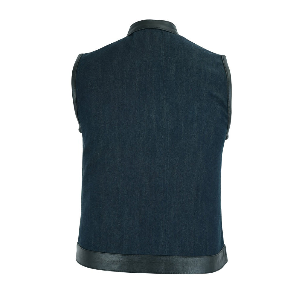 ADA964 Women's Broken Blue Rough Rub-Off Raw Finish Denim Vest W/Leather Trim