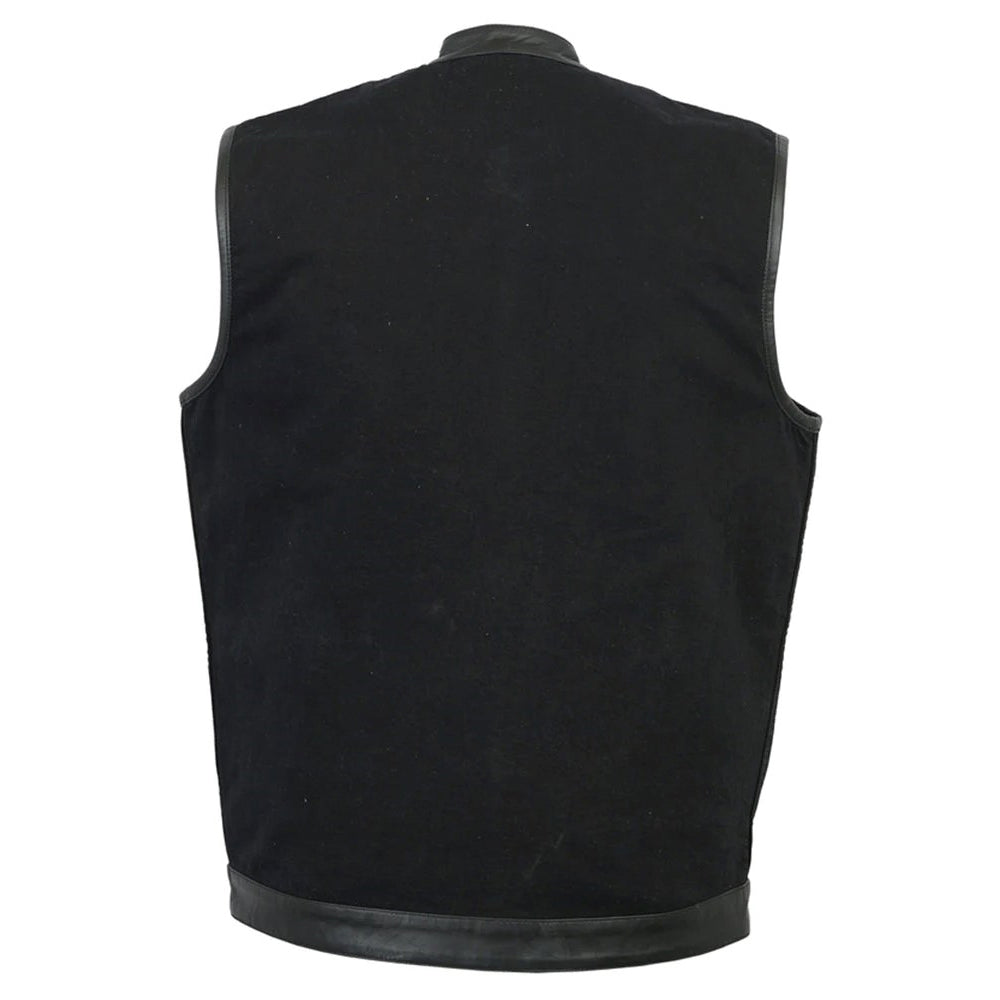 ADA992 Men's Black Denim Single Panel Concealment Vest W/ Leather Trim
