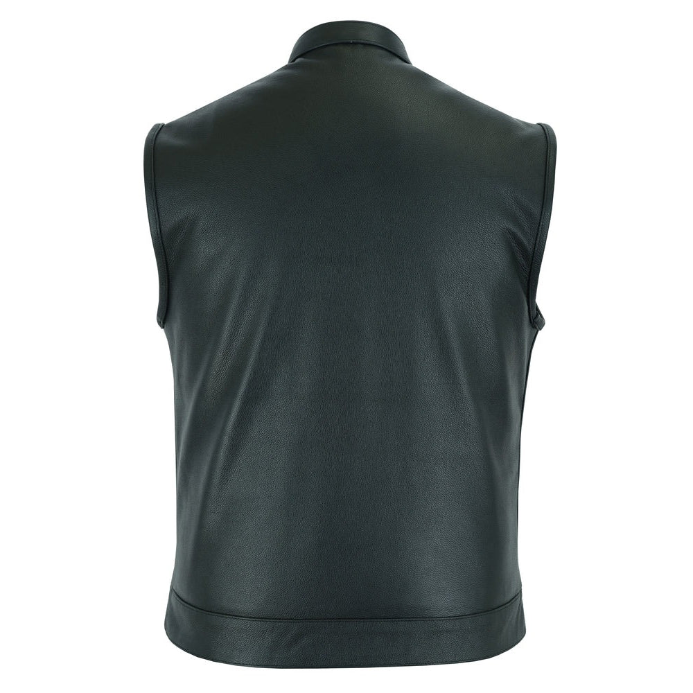 ADA189A Frontier Motorcycle Leather Vest - Snap Closure, Milled Cowhide, Scoop Collar & Hidden Zipper with Smart Access Pockets