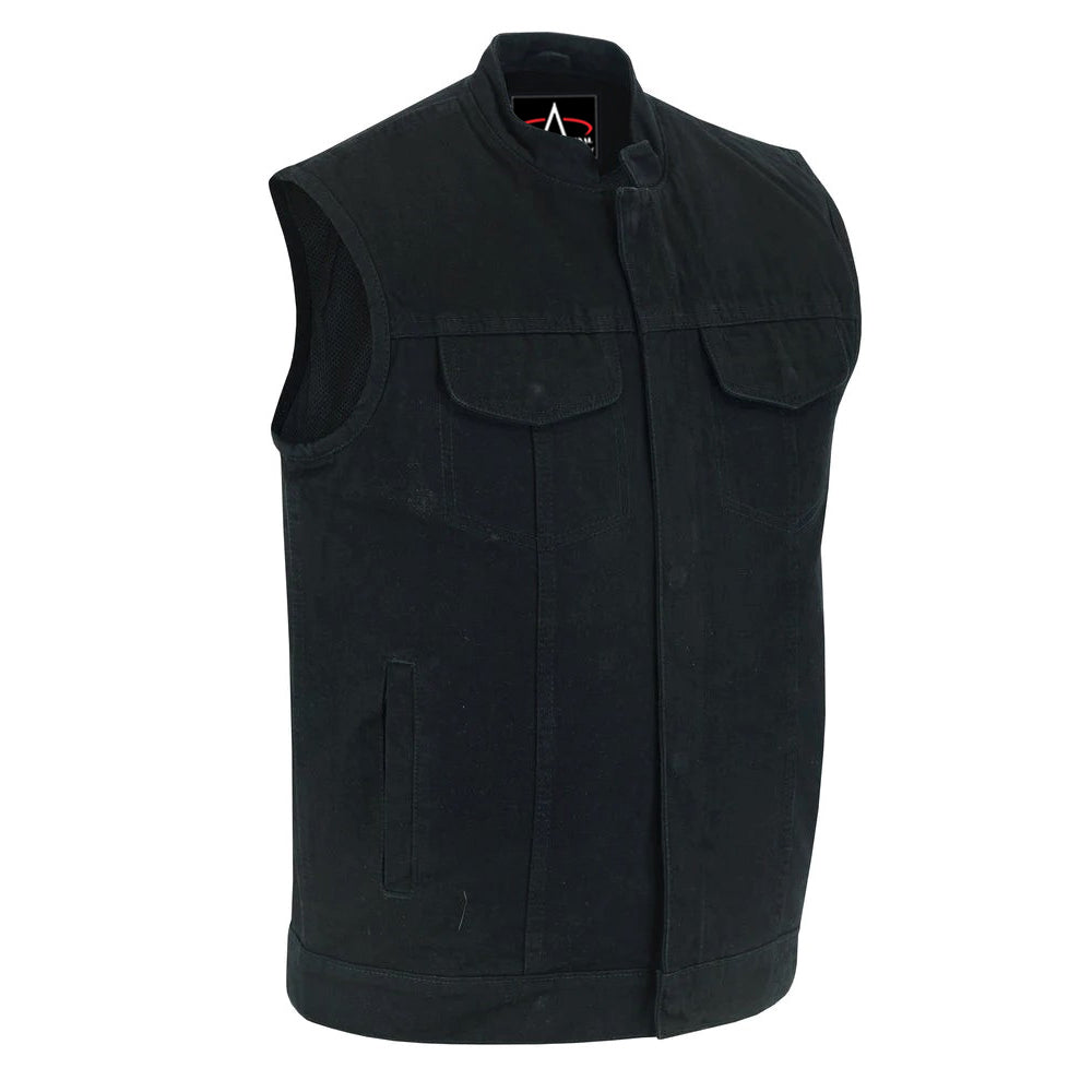 ADA989BK Concealed Snap Closure, Denim Material, Scoop Collar & Hidden