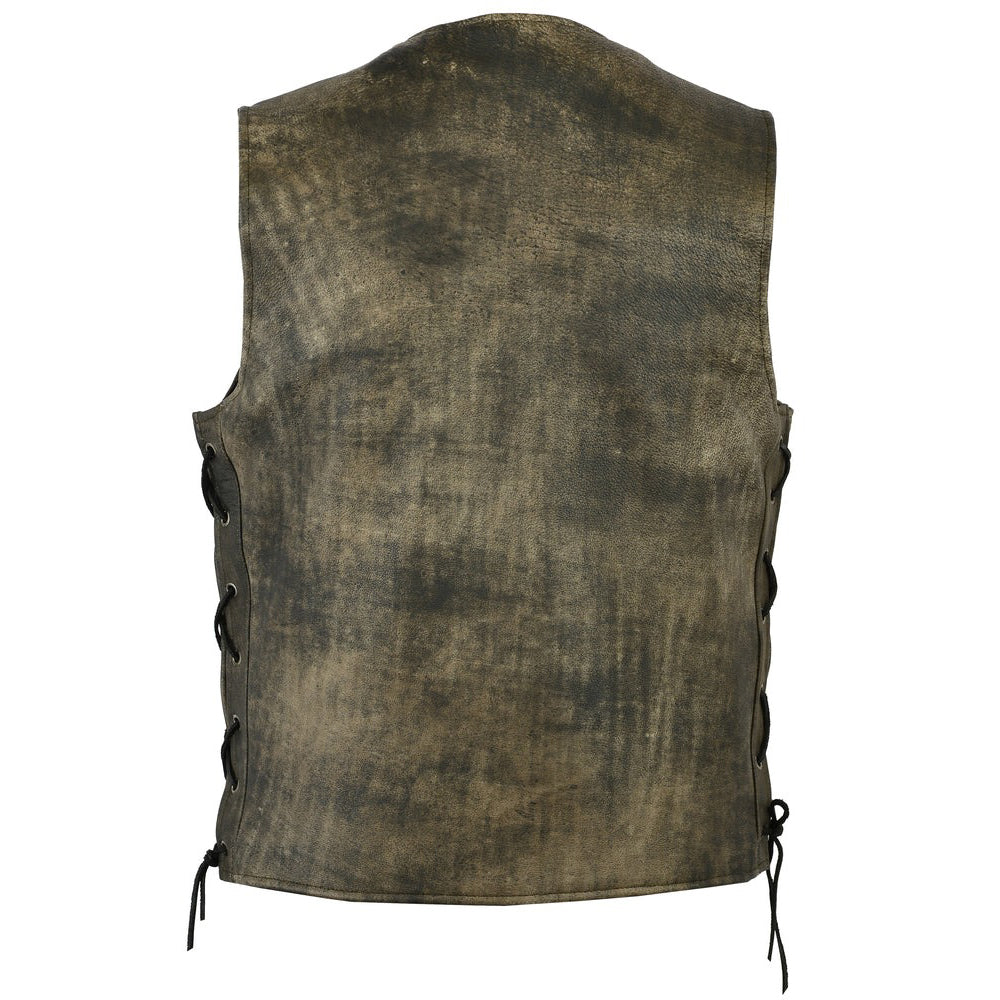 ADA107 Heritage Antique Brown Men's Motorcycle Leather Vest - Single Back Panel