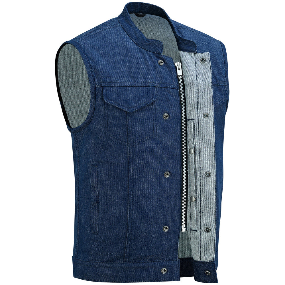 ADA976 Men's Blue Rough Rub-Off Raw Finish Denim Vest