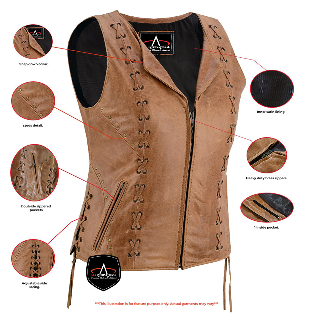ADA236 Women's Brown Zippered Vest with Lacing Details