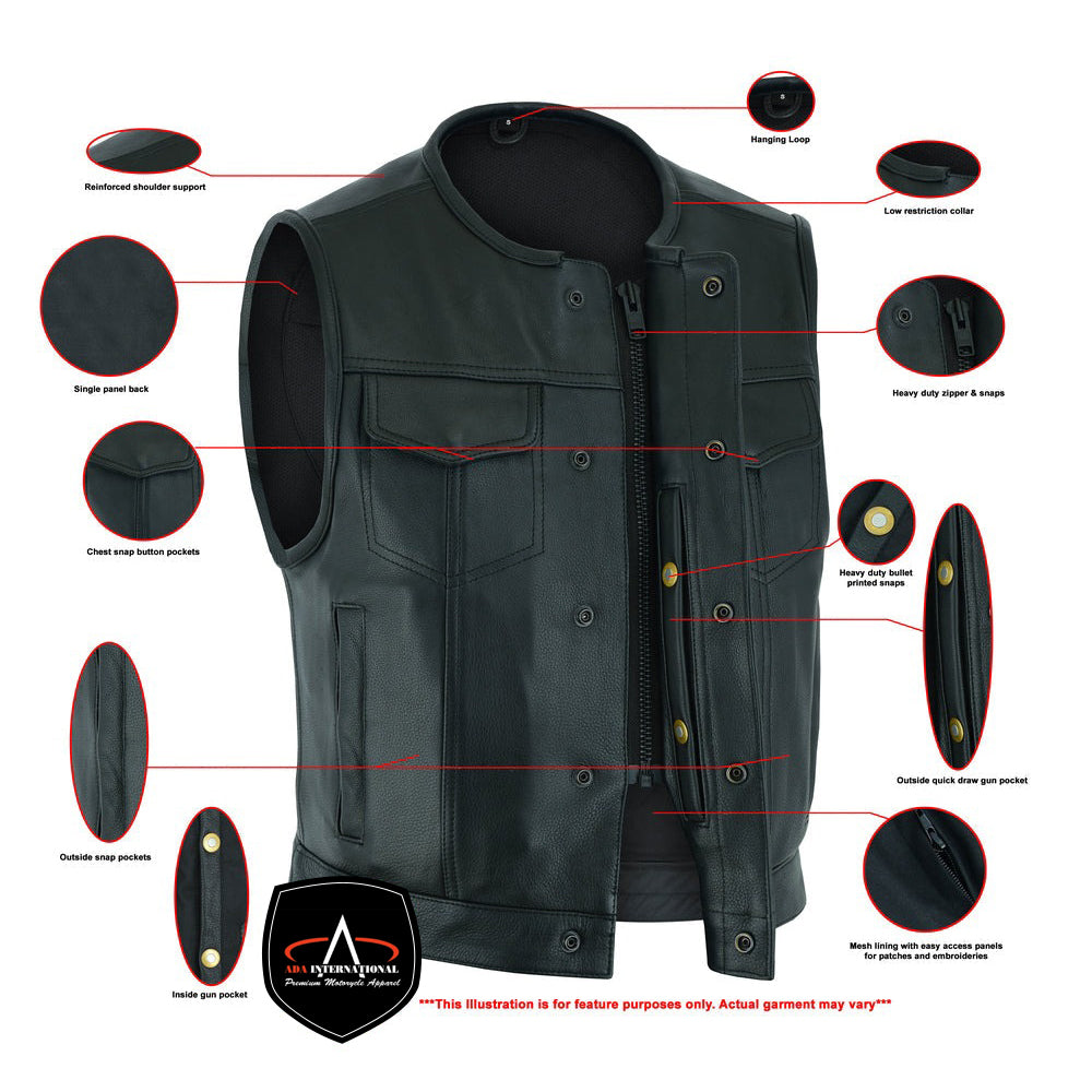 ADA166 Drop Zone Men's Leather Motorcycle Vest - Black