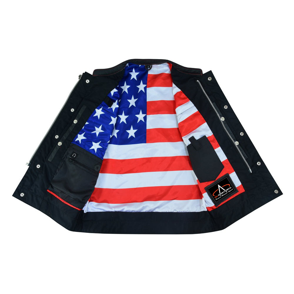 ADA165 Men's LEATHER VEST WITH RED STITCHING AND USA INSIDE FLAG LINING