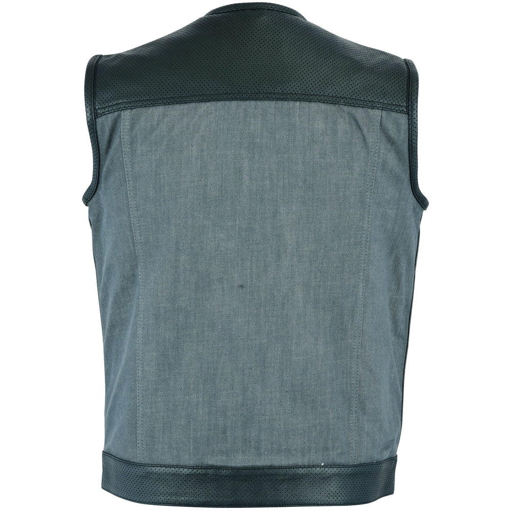 ADA934 Men's Perforated Leather/Denim Combo Vest (Black/ Ash Gray)