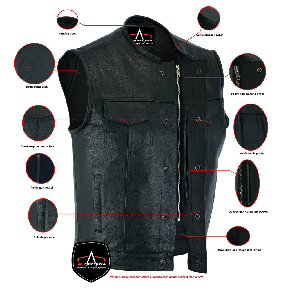ADA9193 Nomad Motorcycle Leather Vest - Snap Closure, No Collar & Hidden Zipper