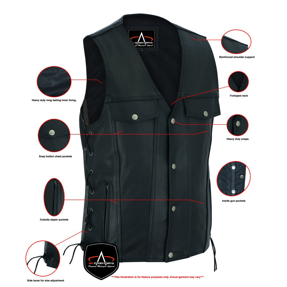 ADA124 Men's Black Leather Vest with Side Laces and Smart Access Pocket