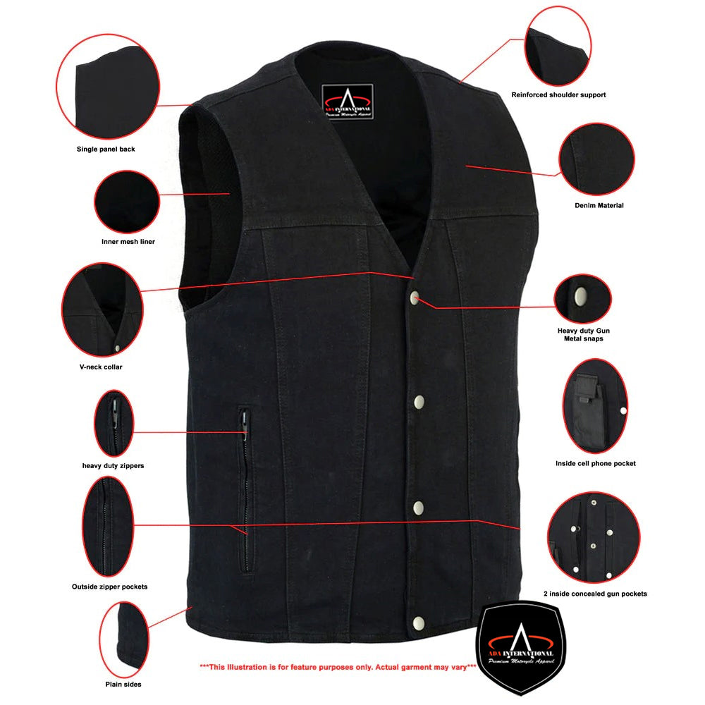 ADA925BK Men's Single Back Panel Concealed Carry Denim Vest