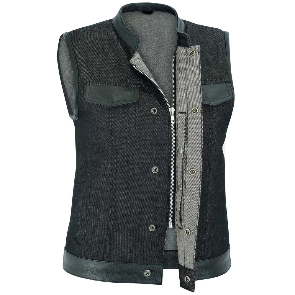 ADA963 Women's Rough Rub-Off Raw Finish Denim Vest W/Leather Trim