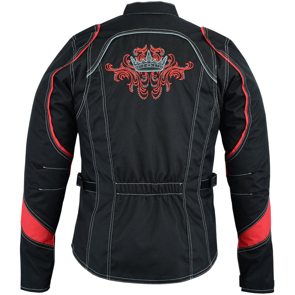 ADA826RD Women's Embroidered Crown Red Motorcycle Jacket