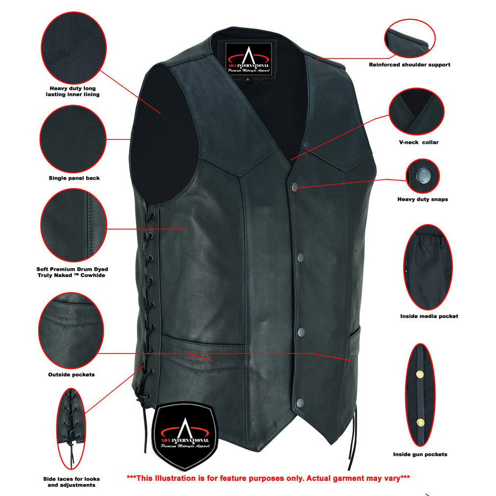 ADA122 Gold Traditional Black Leather Vest with Smart Access Pockets