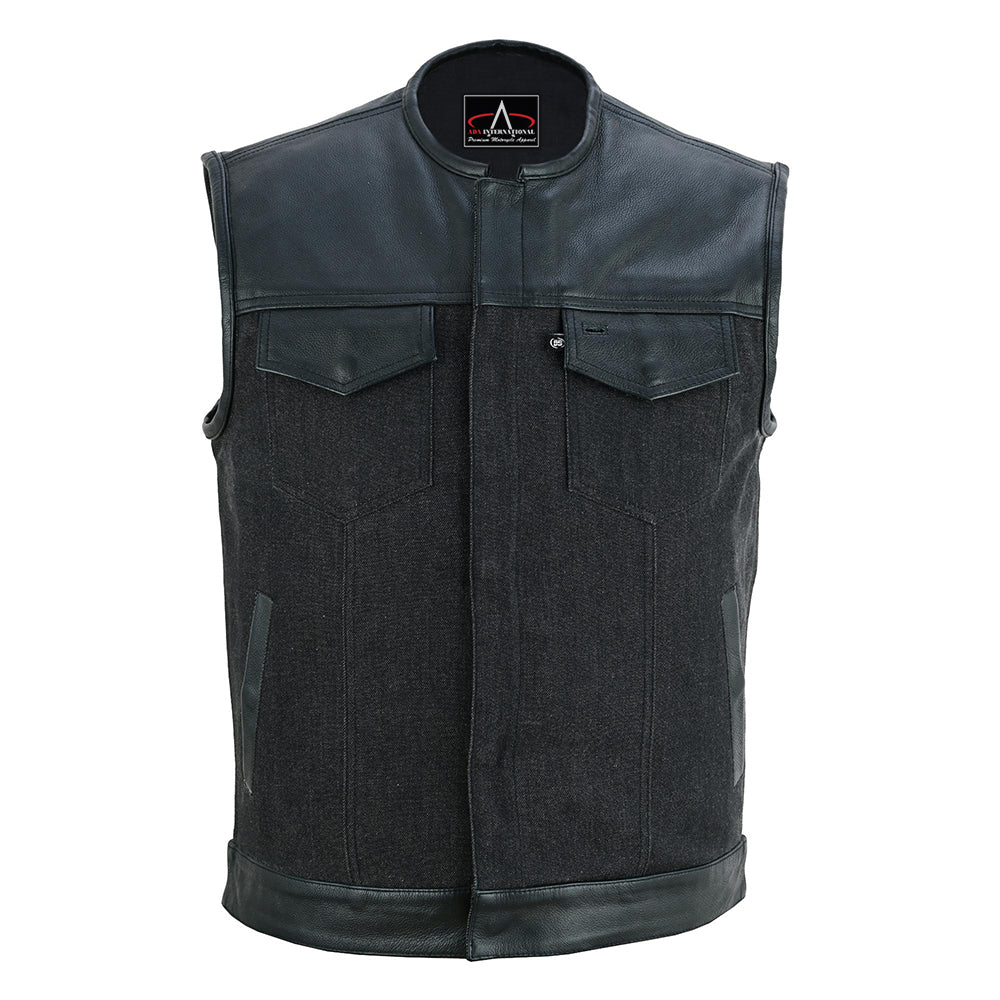 ADA901 Men's Leather/Denim Combo Vest Without Collar