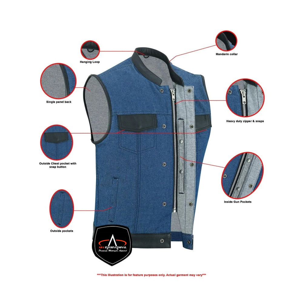 ADA961 Men's Broken Blue Rough Rub-Off Raw Finish Denim Vest W/Leather
