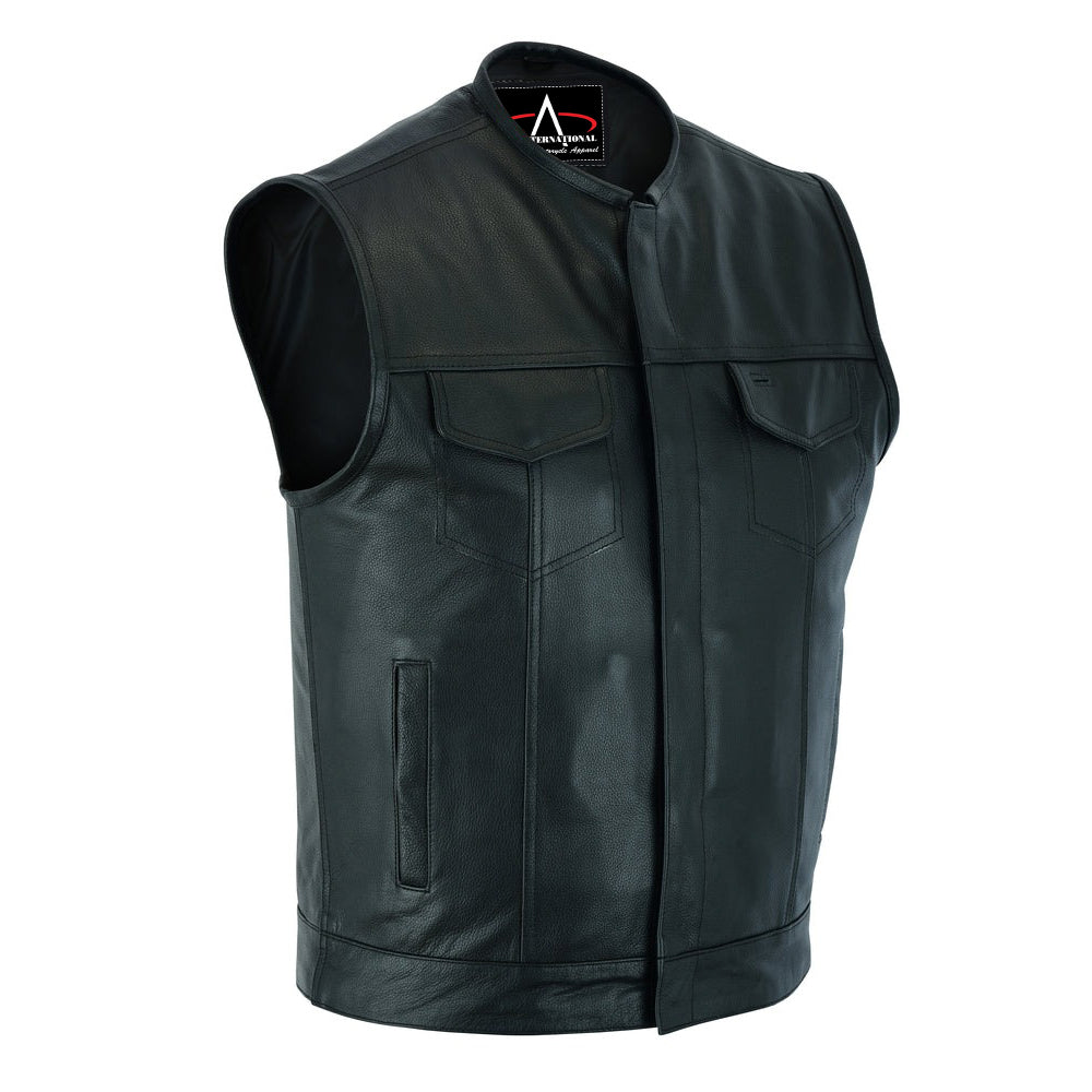 ADA9193 Nomad Motorcycle Leather Vest - Snap Closure, No Collar & Hidden Zipper
