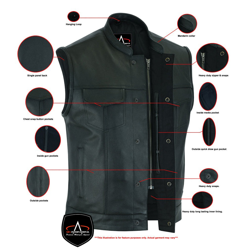 ADA189A Frontier Motorcycle Leather Vest - Snap Closure, Milled Cowhide, Scoop Collar & Hidden Zipper with Smart Access Pockets