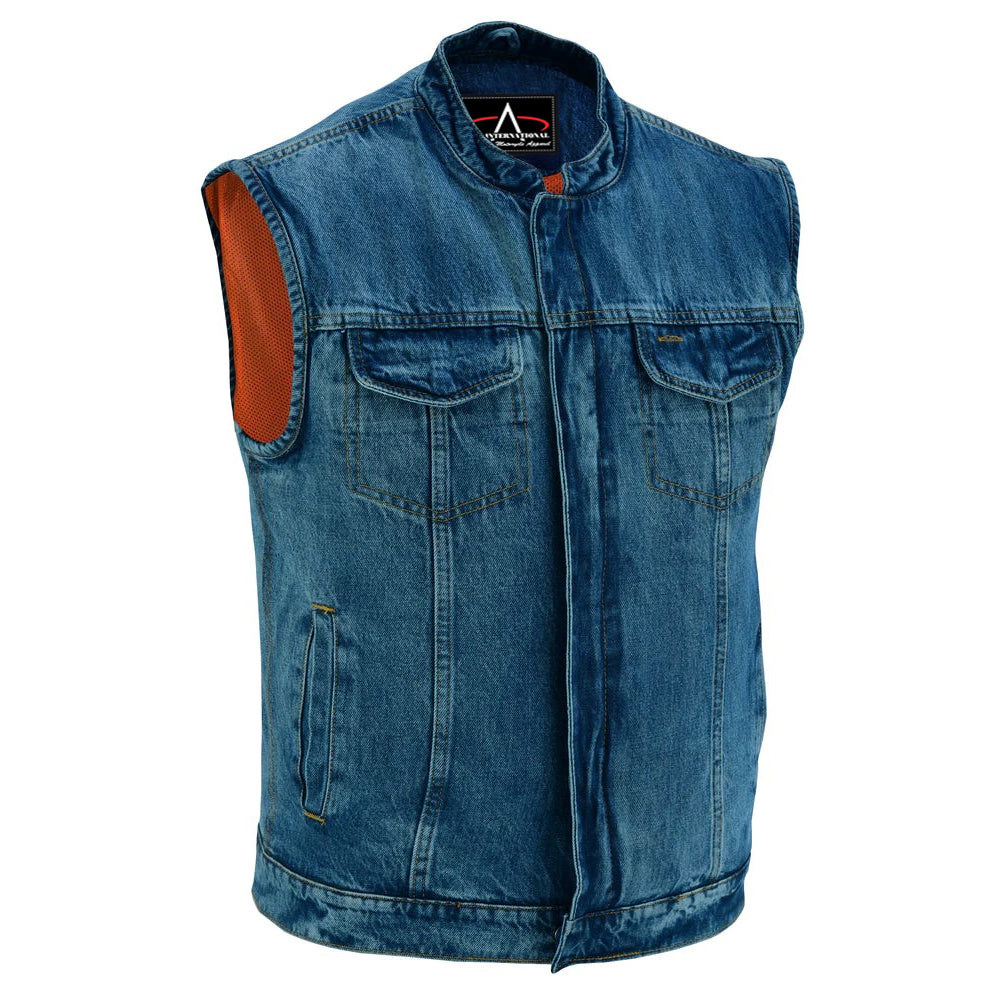 ADA989BU Concealed Snap Closure, Denim Material, Scoop Collar & Hidden